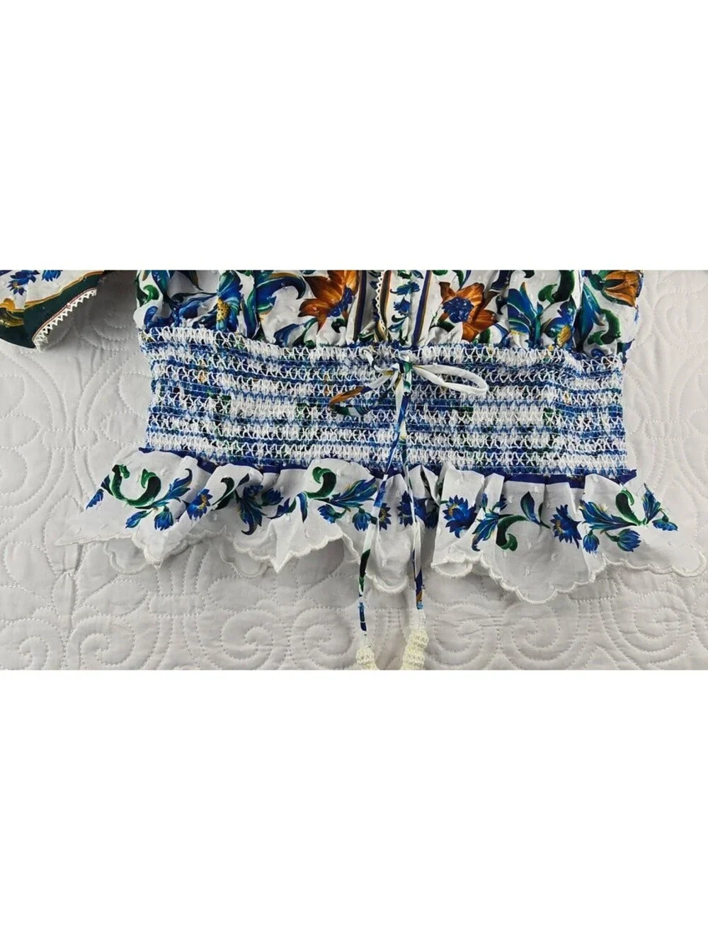 Farm Rio Flora Tile Smocked Blouse Blue Floral Puff Sleeve Top Women’s M